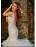 V Neck Beaded Ivory Lace Tulle Ruffle Wedding Dress